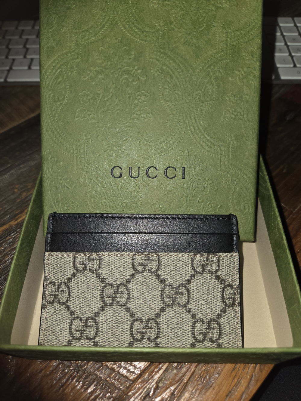 Gucci Beige GG Supreme Canvas Card Holder with Black Leather Trim